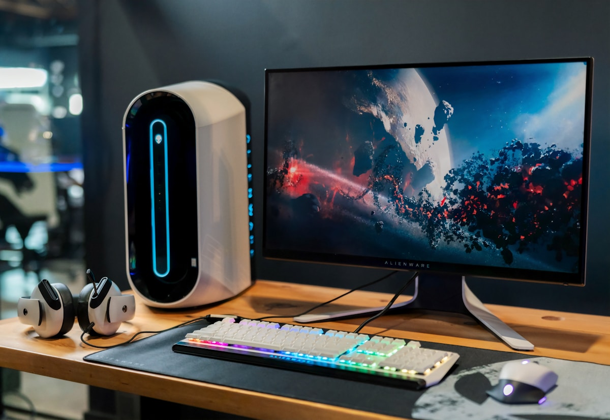 Compact standing desk in a small home office room